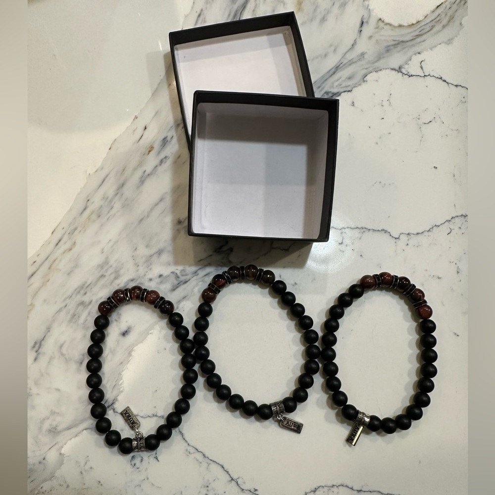Aura Three (3) Stretchy Beaded Bracelets - Black and Brown - in a Box